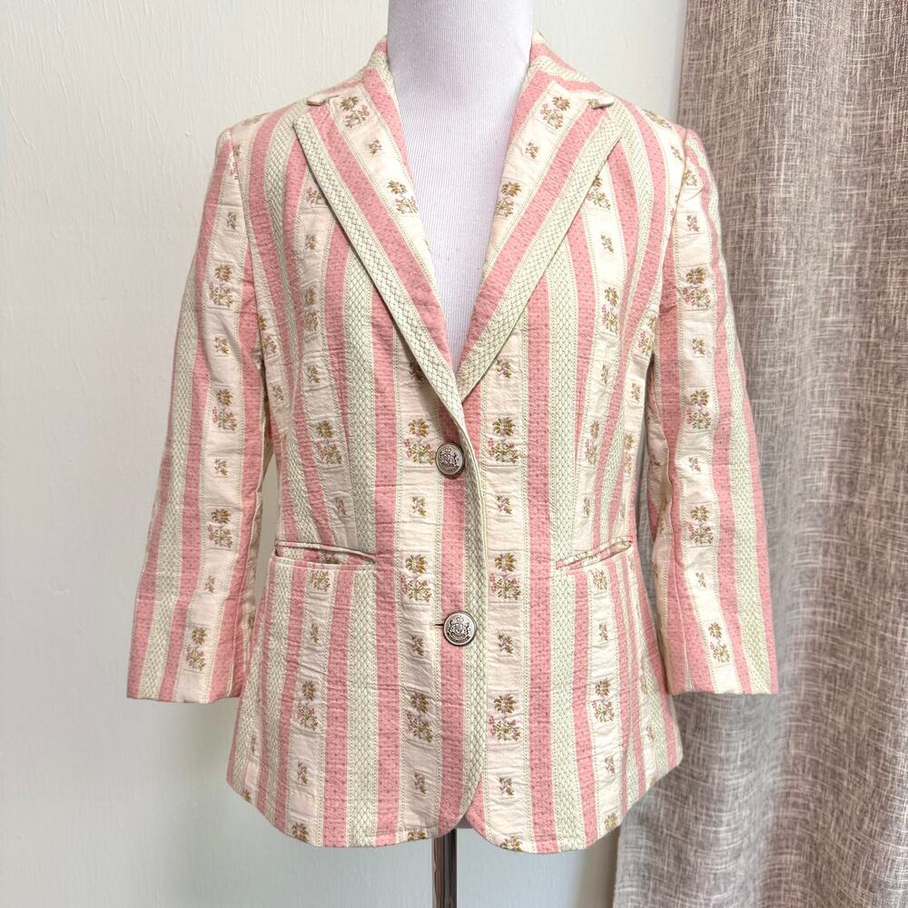 Lauren Ralph Lauren Blazer Cream Pink Cottage Boho Floral Embroidered Romantic